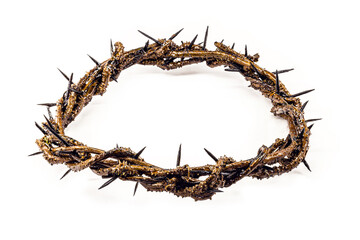 Fototapeta premium realistic crown of thorns, handmade with thorns and dry branches, white background. Christian symbol of resurrection and Easter