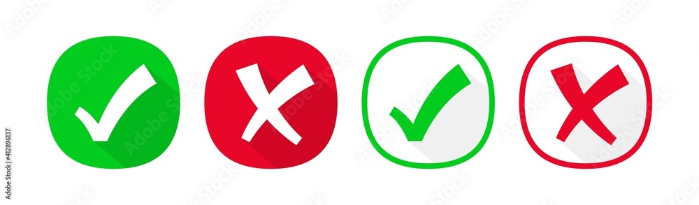 Aufkleber check mark and cross icons in two styles, flat and line. vector concept elements set for use in ui, 