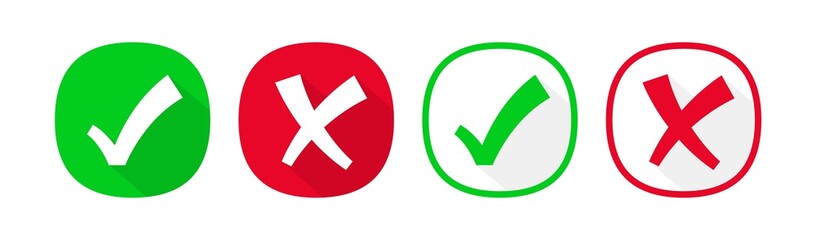 Obraz premium Check mark and Cross icons in two styles, flat and line. Vector concept elements set for use in ui, games, apps, web. Green check mark and red cross isolated on white.