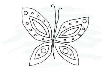Graphic cartoon butterfly. Coloring book for kids. Hand drawing. Outline.