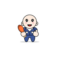 Cute men character holding a chicken meat.
