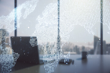 Abstract creative digital world map and modern desktop with pc on background, globalization...