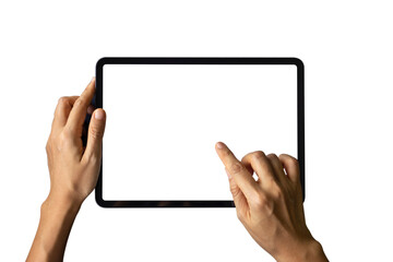 Close-up woman of Left hand held, right hand use finger touches with digital tablet white screen isolated on white background. Concept of technology, connection, communication, social