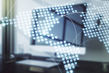 Abstract creative world map with connections on modern laptop background, international trading concept. Multiexposure