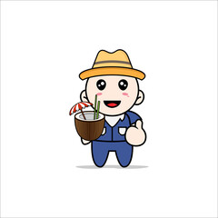 Cute men character holding a coconut ice.