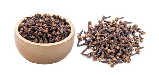cloves spices in wood bowl on white background
