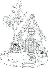 Cartoon fantasy graphic elf house with roses and magnolia flowers sketch template. Magic hobbit home vector illustration in black and white for games, decor. Coloring paper, page, story book, print