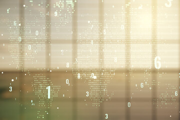 Multi exposure of abstract programming language hologram and world map on abstract empty interior...