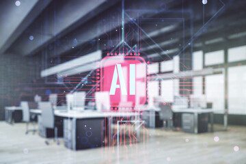 Double exposure of creative artificial Intelligence abbreviation hologram on a modern furnished...