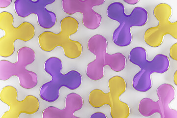 Glass multicolored figures on a white background, drops, background