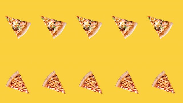 seamless looping animation with two rows slices of pepperoni whole pizza on a yellow background, fast food concept for advertising with copy space
