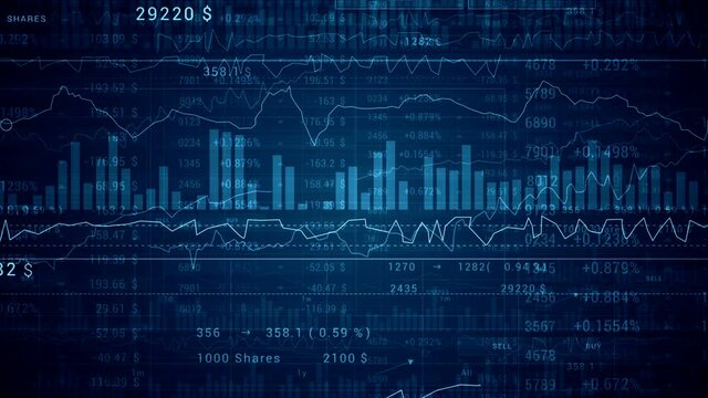 Stock market Quotes, bars, indicators data.Abstract Stock exchange market HUD.Quotes and index analysis.Business and marketing template.2D graphic.Blue, green