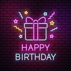 Neon happy birthday vector illustration with gift