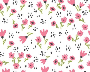 ring seamless pattern with cute flowers. Hand drawn summer flora textile