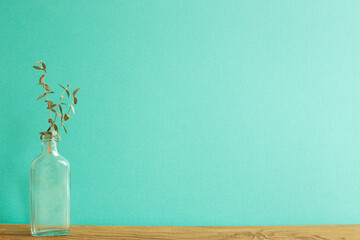 Eucalyptus in a glass bottle on wooden table. green background