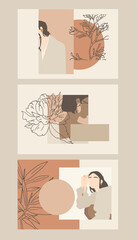 Modern set of pretty girl and flower. Minimalistic illustrations of women	