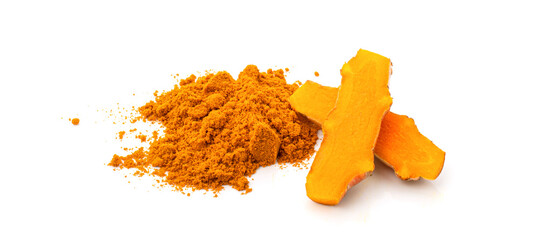 Turmeric rhizome and powder on white background