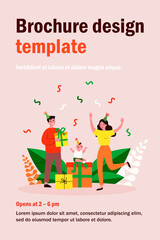 Family celebrating first kid birthday. Young couple, toddler, gifts, confetti flat vector illustration. Baby party, childhood, fun concept for banner, website design or landing web page