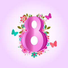 Women Day 8th march holiday greeting card. 3D papercut female symbol with beautiful spring decoration,flowers and butterfly. Cute paper craft design for international women's event