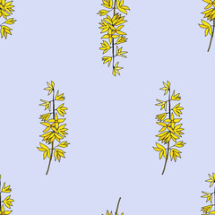 Forsythia branch seamless pattern on blue background.