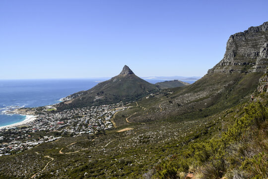 The sea, Lion's Head and a part of Table Mountain. Picture taken from Kasteelspoort hike, in Table Mountain. Cape Town, South Africa.