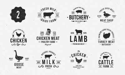 Livestock vintage logo set. 11 Farm animals labels, emblems with silhouettes. Logo, poster for dairy products, barbecue, steak house, restaurant, meat shop. Vector emblems.