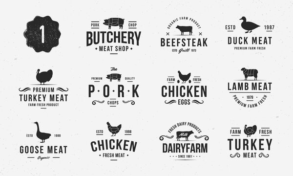 Set of Farm Animals logo and poster templates. Livestock and Butchery logo set for meat shop, grocery store, farmer's market. Restaurant, Butchery graphics. Vector illustration