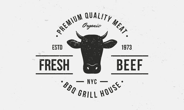 Beef, Cow logo. BBQ grill logo with Cow Head. Vintage typography.  Fresh Beef trendy logo template for barbecue, steak house, grill, butchery and meat shop. Vector illustration