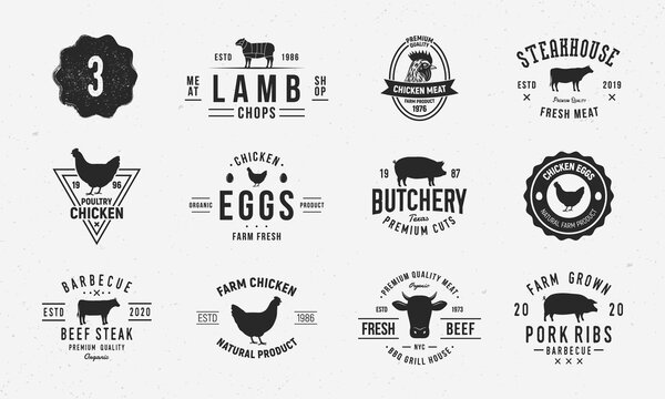 Farm animals logo set. Lamb, Beef, Chicken, Pork logo templates. Livestock, farm vintage emblems. Trendy hipster style. Vector illustration