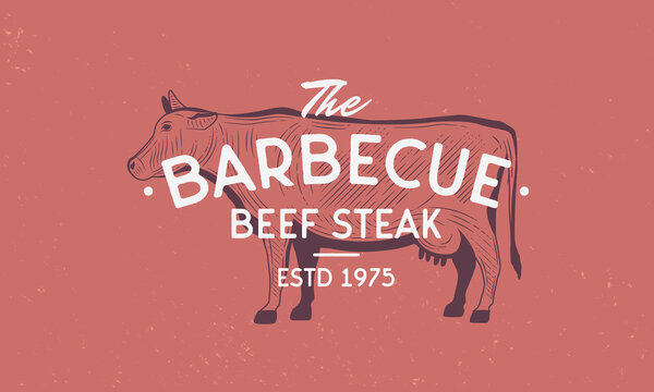 Beef, Cow vintage logo. Barbecue template logo with cow silhouette. Modern design poster. Label, badge, poster for restaurant, bbq, steak house. Vector illustration
