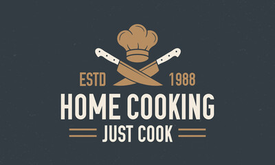 Fototapeta na wymiar Home Cooking logo concept. Vintage cooking logo with chef's hat and crossed knives. Emblem for cooking courses, cooking classes and culinary school.
