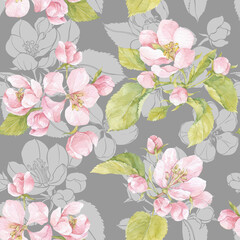 Seamless pattern with blooming apple tree branches. Floral watercolor background. Perfect for design templates, wallpaper, wrapping, fabric and textile.