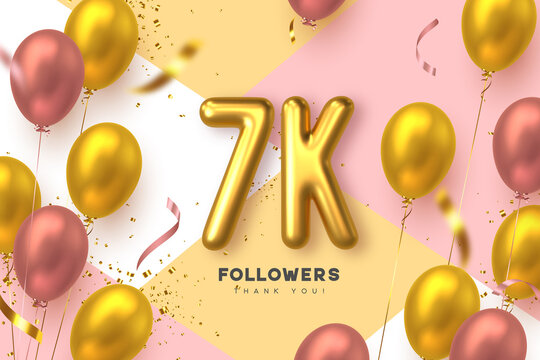 Seven thousand followers banner. Thank you followers vector template with 7K golden sign and glossy balloons for network, social media friends and subscribers.