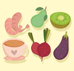 healthy food eggplant beetroot kiwi pear and coffee cup