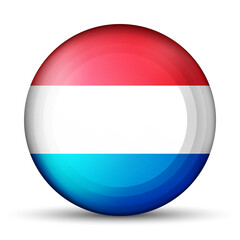 Glass ball with flag of Luxembourg. Round sphere, template icon. Luxembourgish national symbol. Glossy realistic ball, 3D abstract vector illustration highlighted on a white background. Big bubble.