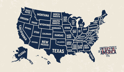 United States map. Vintage USA map with state names. Poster of US map with grunge texture and emblem. United States of America vintage print for t-shirt. Trendy Hipster design. Vector illustration