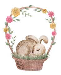 Illustration of an Easter bunny in a basket with flowers. Watercolor easter bunny illustration. Happy easter bunnies.
