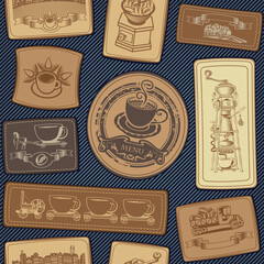 Fototapeta premium Vector seamless pattern on the theme of coffee with various coffee illustrations on a leather patches on the background of denim fabric in retro style. Suitable for wallpaper, wrapping paper, fabric