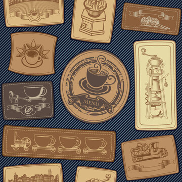 Vector seamless pattern on the theme of coffee with various coffee illustrations on a leather patches on the background of denim fabric in retro style. Suitable for wallpaper, wrapping paper, fabric