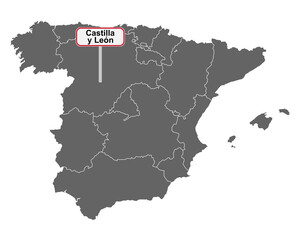 Landkarte von Spanien mit Ortsschild Castilla y Leon
