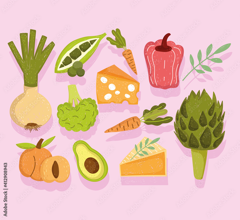 Wall mural healthy food vegetables fruits cheese and cake icons