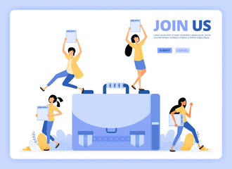 People standing with applications to apply. Job vacancies, join us or we're hiring illustration. Designed for landing page, banner, website, web, poster, mobile apps, homepage, flyer, brochure