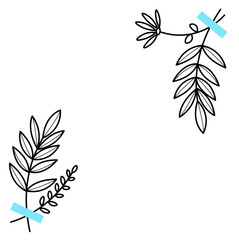 Flower and twigs with leaves in black line style with a blue rectangle. Arranged as a frame, a mockup for invitations, or a mockup for a greeting card. Elements are isolated on a white background.
