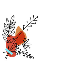 Flowers and twigs with leaves in black in line style with a blue rectangle and abstract spots of trendy brown. Arranged as a frame, layout for invitations, layout for greeting card, or background.