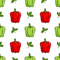 Seamless pattern with peppers and parsley. Bright, juicy, summer pattern with vegetables. Color elements in the linear style are isolated. For the design of kitchen accessories and food packaging.