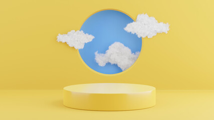 3d render of yellow podium with cloud for product display
