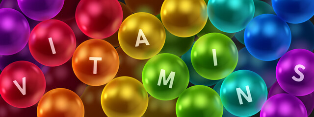 Banner with realistic colorfull balls, arranged according to the colors of the rainbow and letters vitamins. Abstract background. Vector illustration. 
