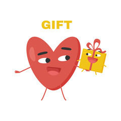 A big heart and a small gift box with emotional faces. Gift card template. The concept of parties, celebrations and sales. Bright vector illustration.
