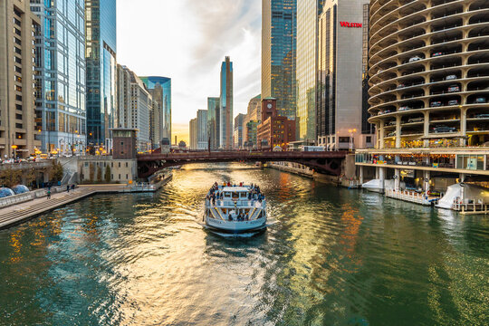 Chicago, USA - November 26, 2019 : Chicago City riverside view in USA
