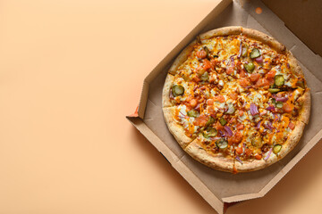 Italian pizzas with tomato, onion, Mozzarella cheese, sauce. Delivery food. View from above.
